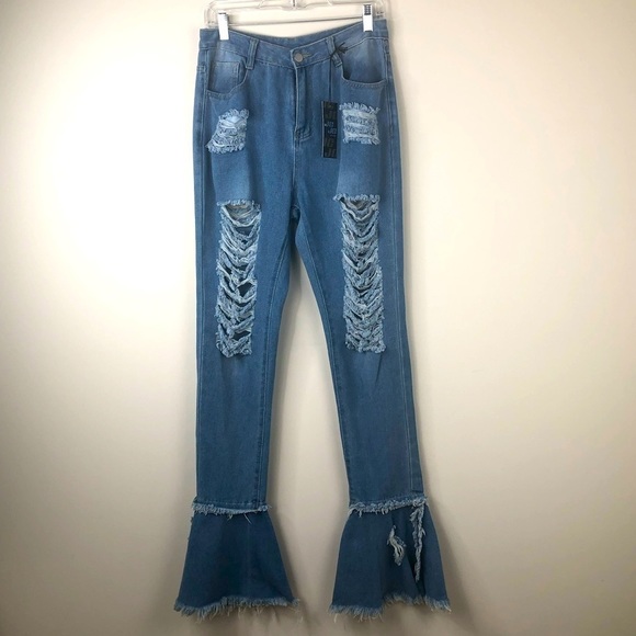 JCJQ Heavily Distressed Bell Bottom Jeans. - Picture 5 of 14